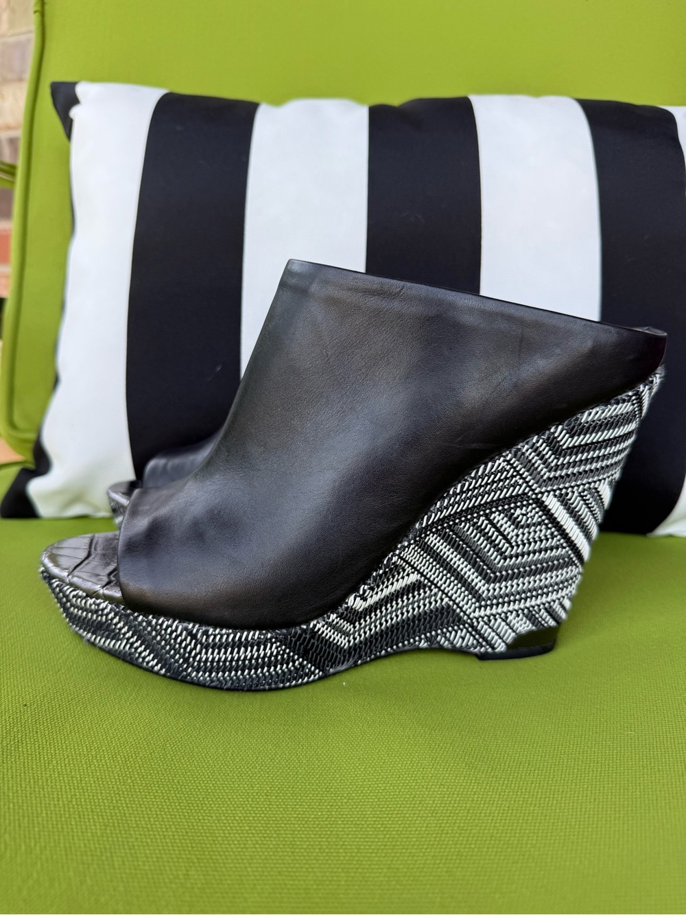 Sam Edelman Black Leather Peep-Toe Wedge Mules with Patterned Platform